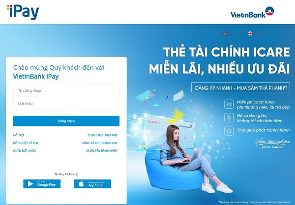 Giao diện đăng nhập Vietinbank Ipay trên website