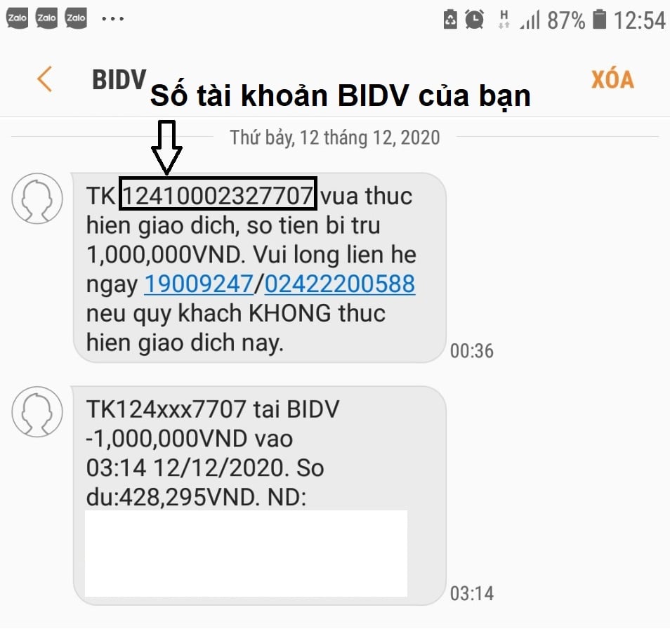 Kiểm tra số tài khoản trong tin nhắn SMS BIDV gửi cho bạn