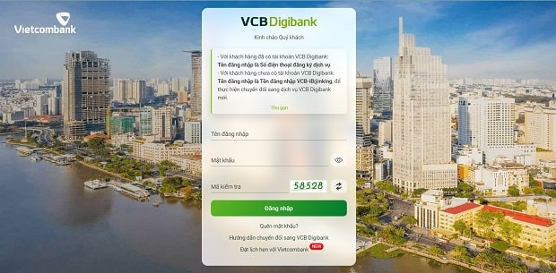 Giao diện dịch vụ VCB Digibank trên máy tính