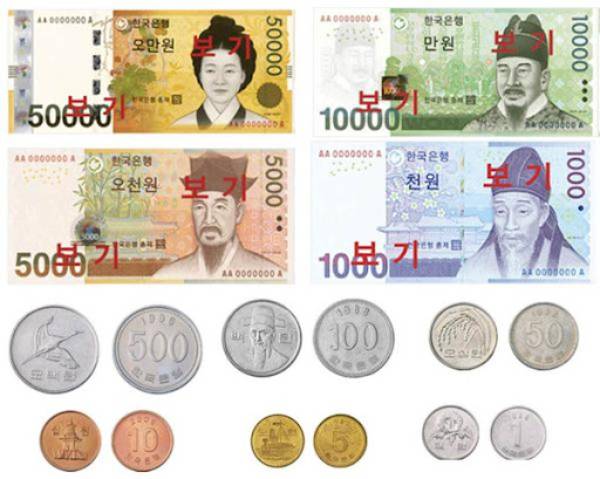 Đồng Won Hàn Quốc có 6 loại tiền kim loại và 4 loại tiền giấy